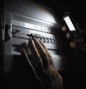 A person's hand adjusts a fuse box